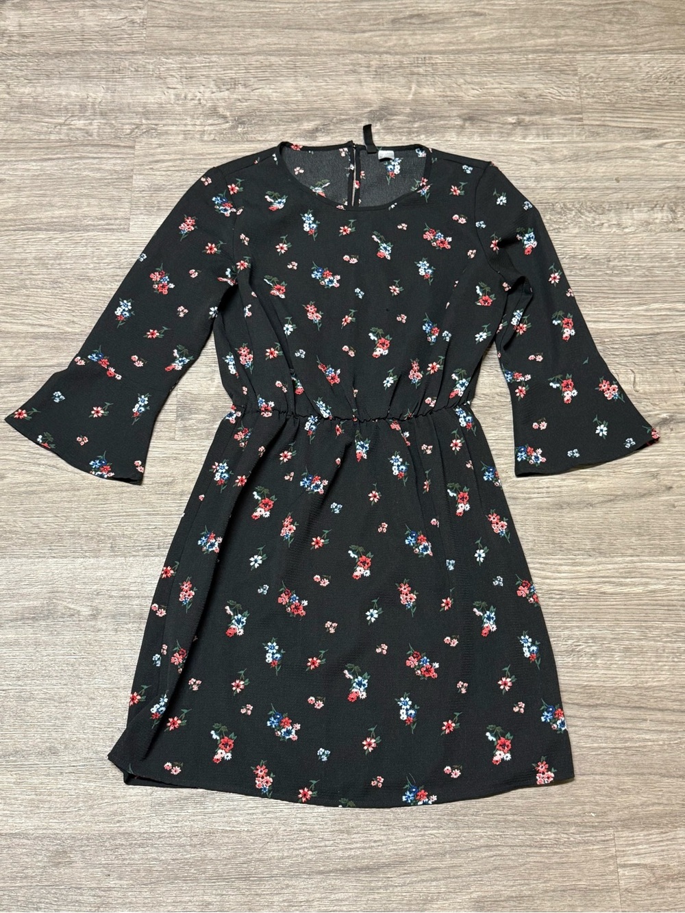 Black Floral Fit & Flare Dress with Pink and Blue Blossoms